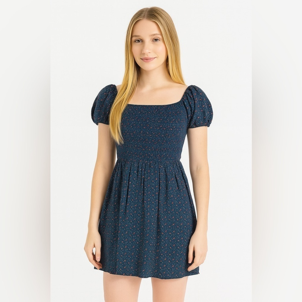 AUW Blue Puff Sleeve Midi Sundress - Picture 1 of 7